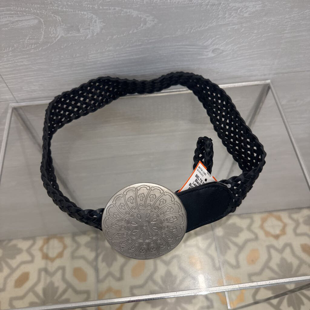 Black Woven Leather Silver Buckle Belt Small