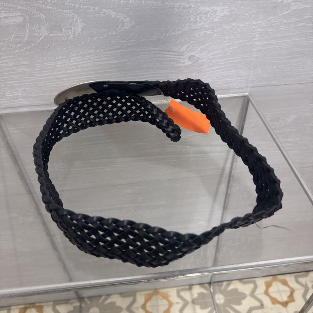 Black Woven Leather Silver Buckle Belt Small