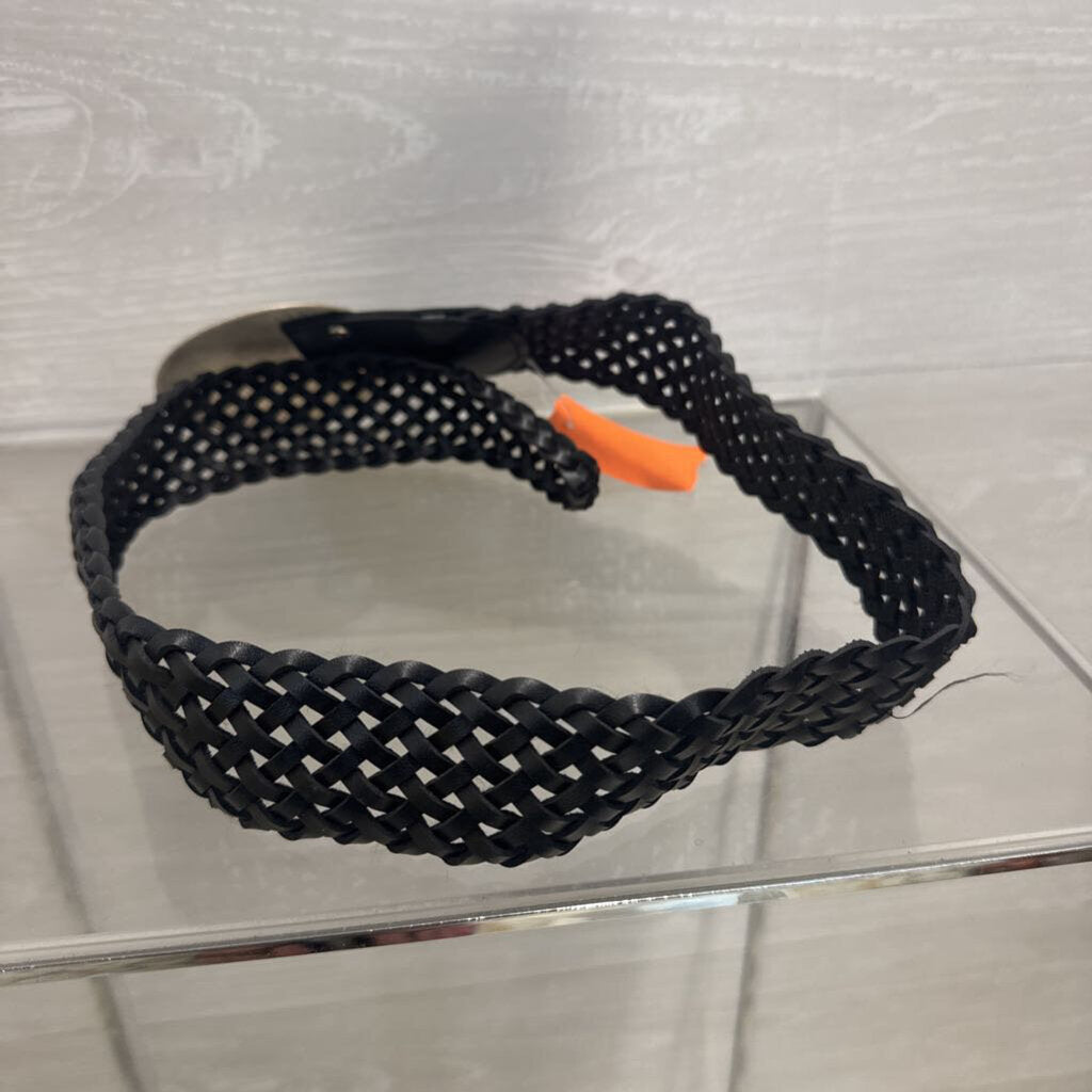 Black Woven Leather Silver Buckle Belt Small