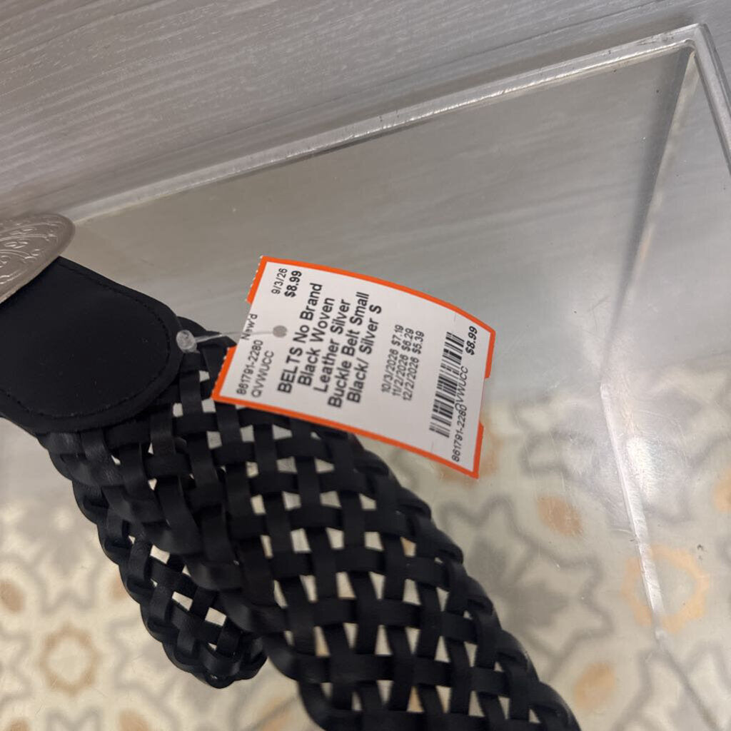 Black Woven Leather Silver Buckle Belt Small