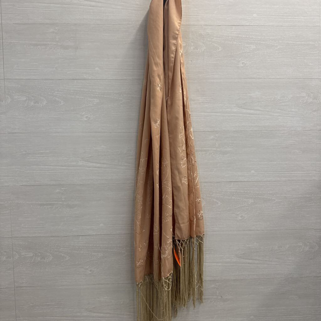 Brown Embroidered Tassel Scarf