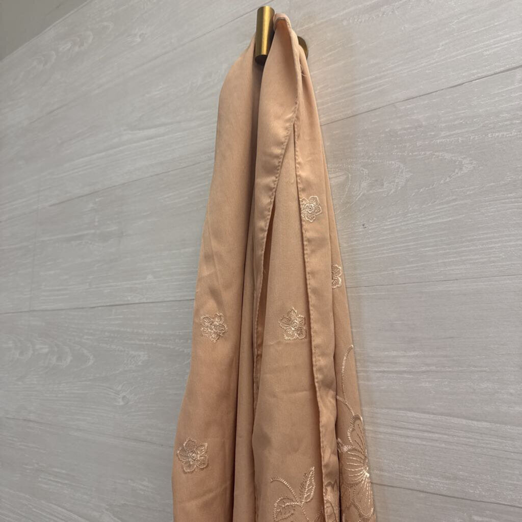 Brown Embroidered Tassel Scarf