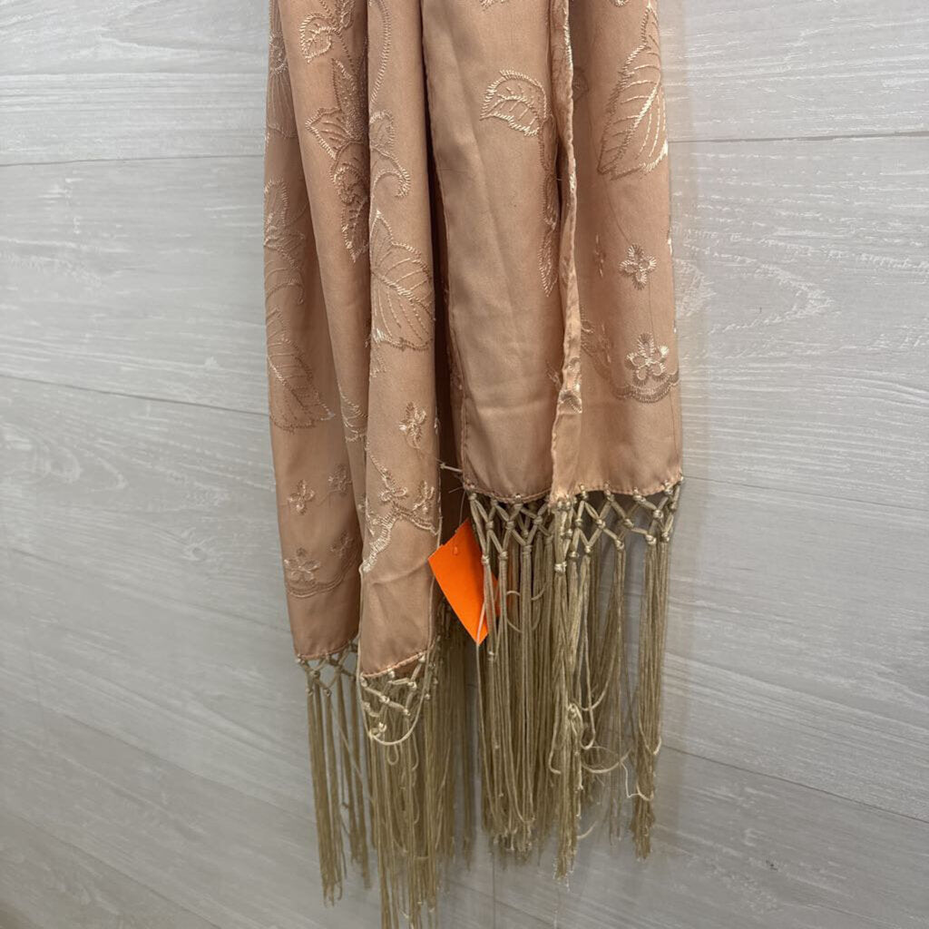 Brown Embroidered Tassel Scarf