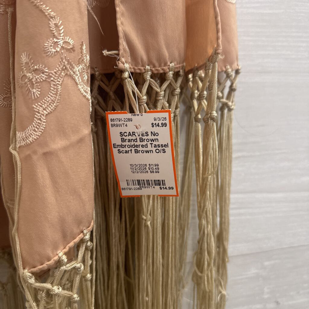Brown Embroidered Tassel Scarf