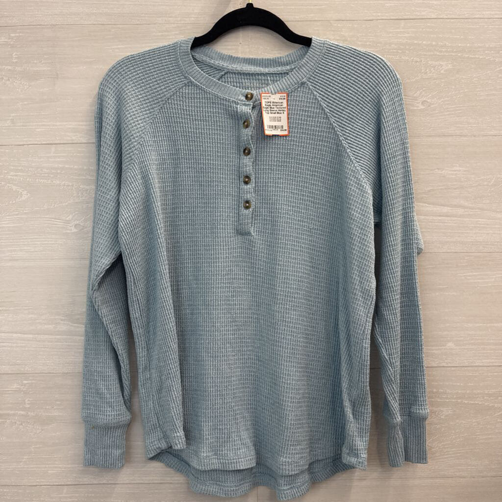 American Eagle Blue Textured Long Sleeve Henley Top Small
