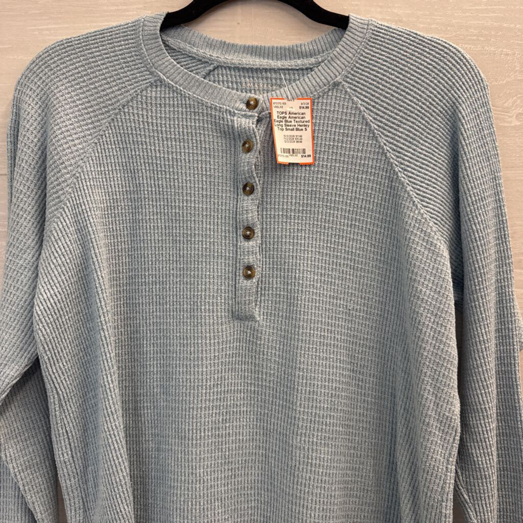 American Eagle Blue Textured Long Sleeve Henley Top Small
