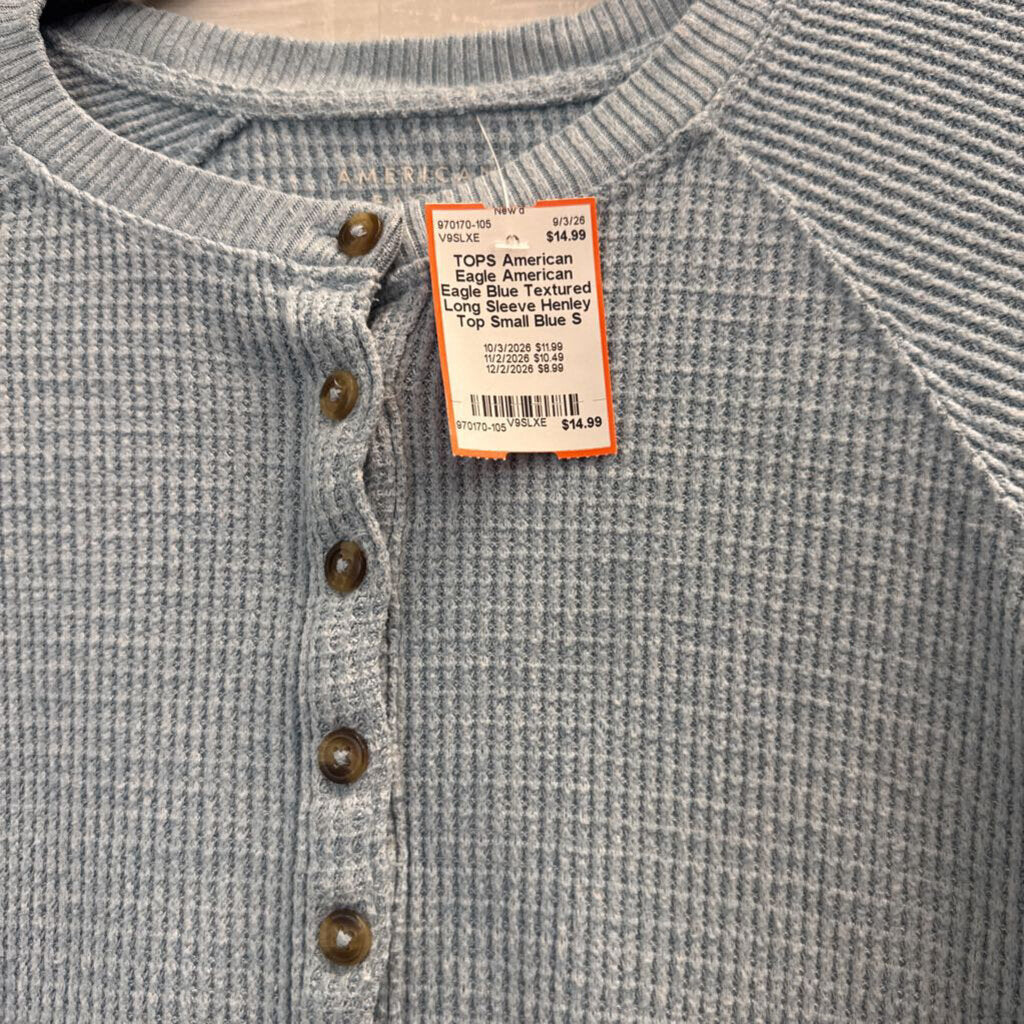 American Eagle Blue Textured Long Sleeve Henley Top Small