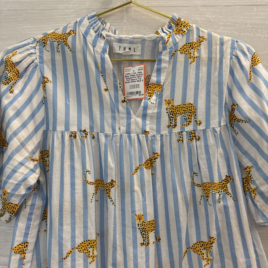 THML Blue/ White Striped Animal Print Short Puff Sleeve Top Small