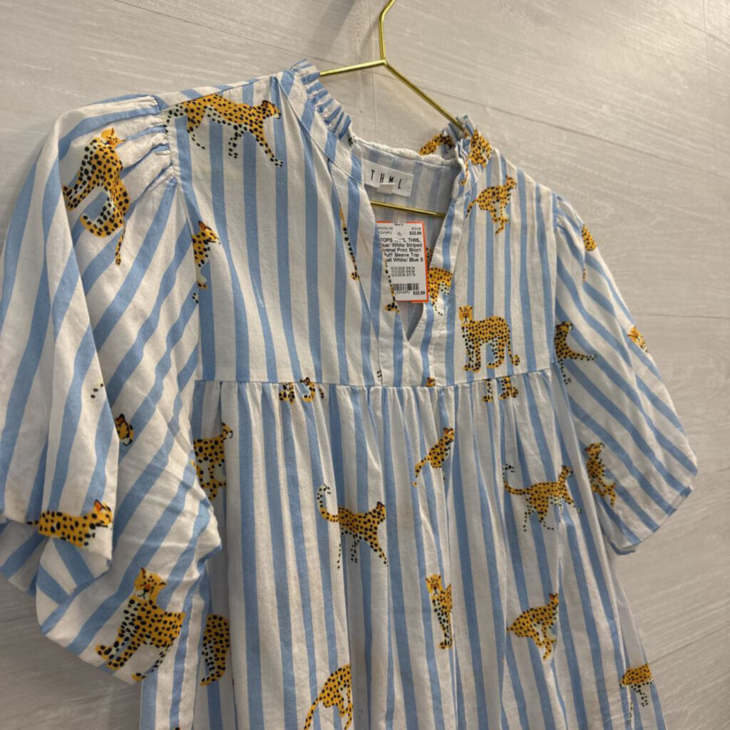 THML Blue/ White Striped Animal Print Short Puff Sleeve Top Small