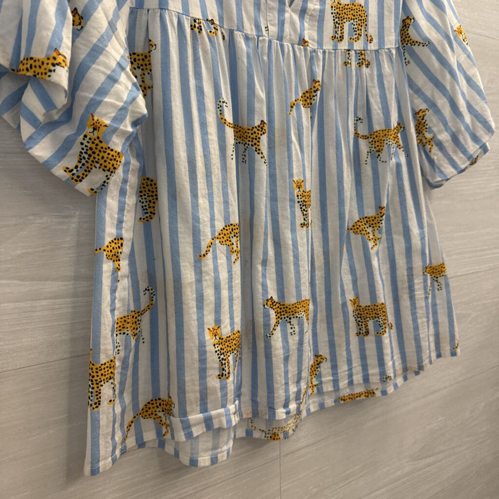 THML Blue/ White Striped Animal Print Short Puff Sleeve Top Small