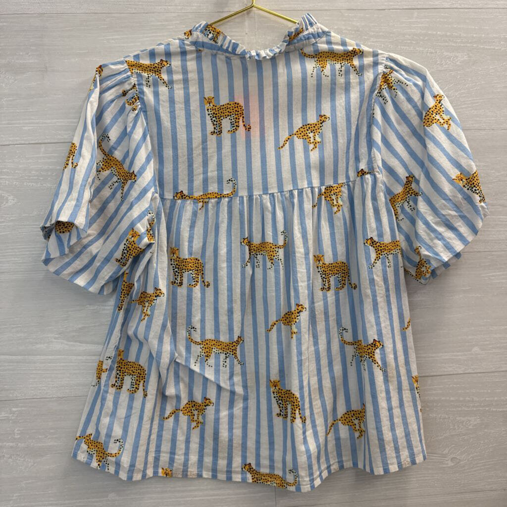 THML Blue/ White Striped Animal Print Short Puff Sleeve Top Small