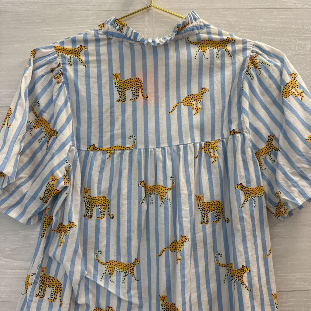 THML Blue/ White Striped Animal Print Short Puff Sleeve Top Small