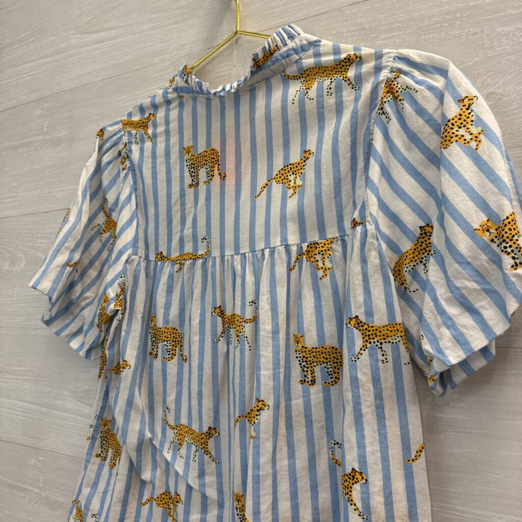 THML Blue/ White Striped Animal Print Short Puff Sleeve Top Small
