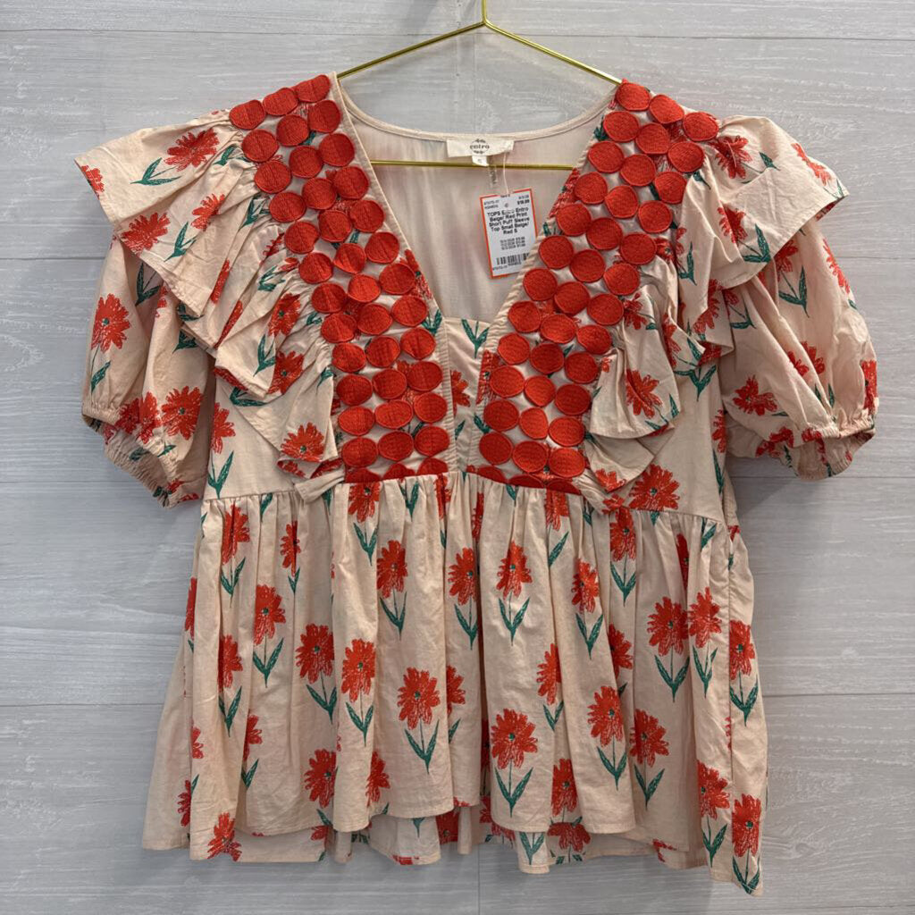 Entro Beige/ Red Print Short Puff Sleeve Top Small