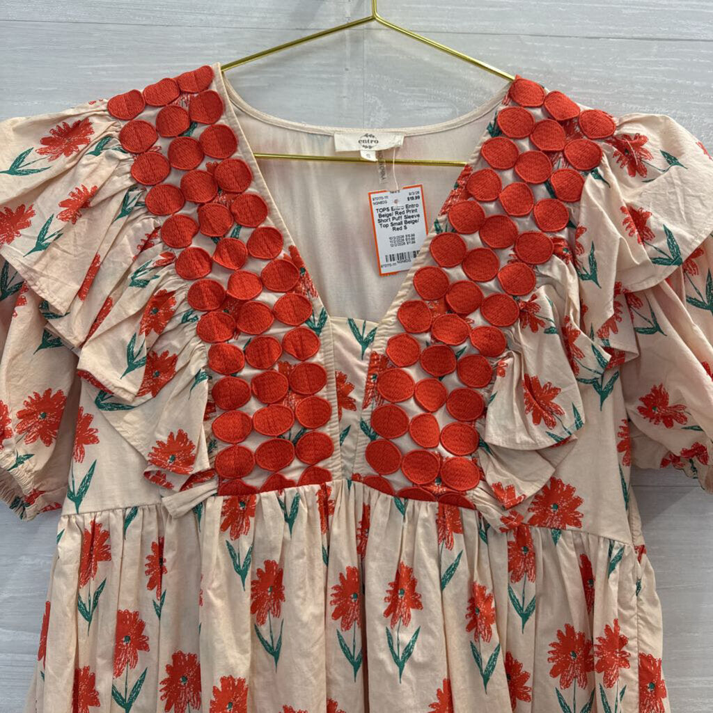 Entro Beige/ Red Print Short Puff Sleeve Top Small