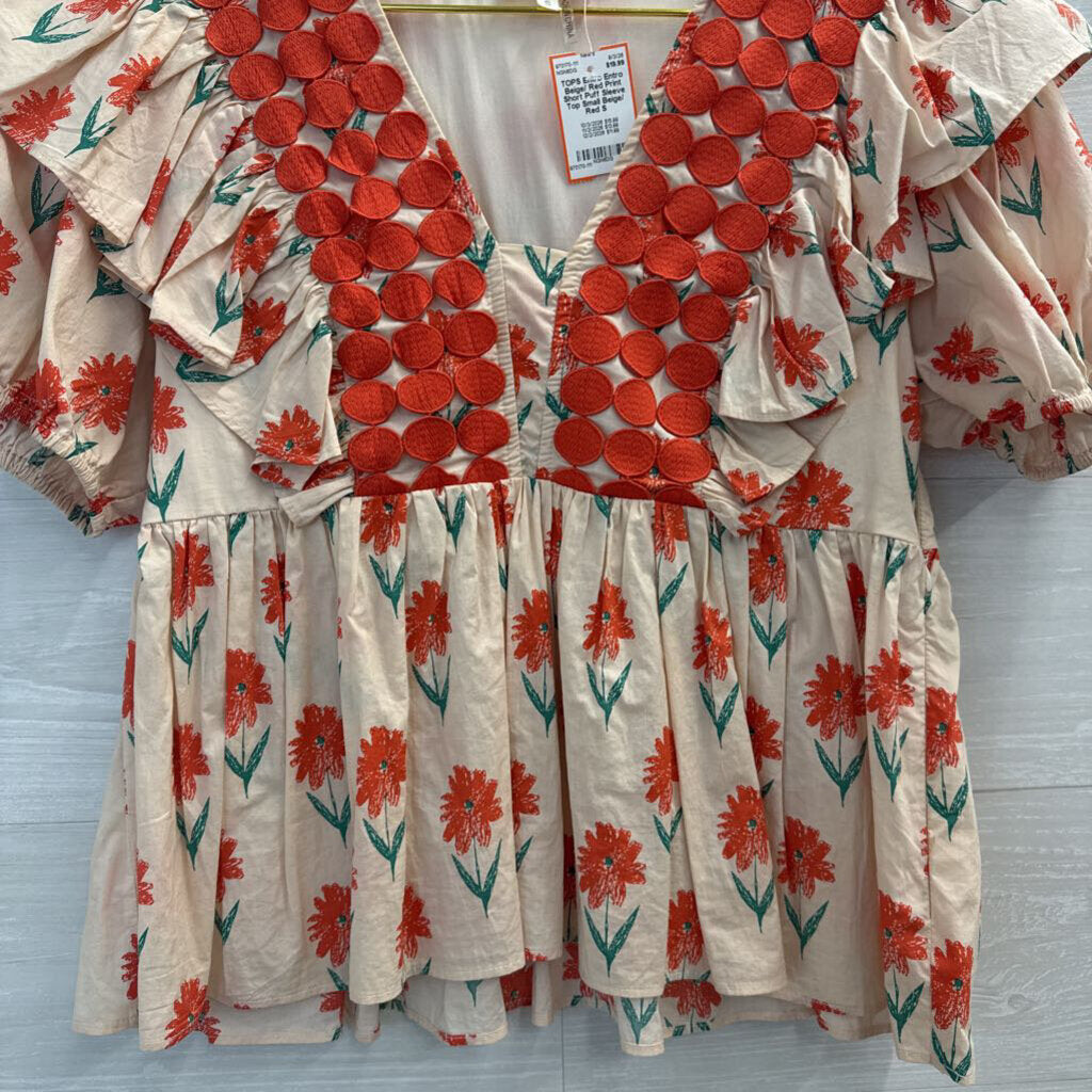 Entro Beige/ Red Print Short Puff Sleeve Top Small