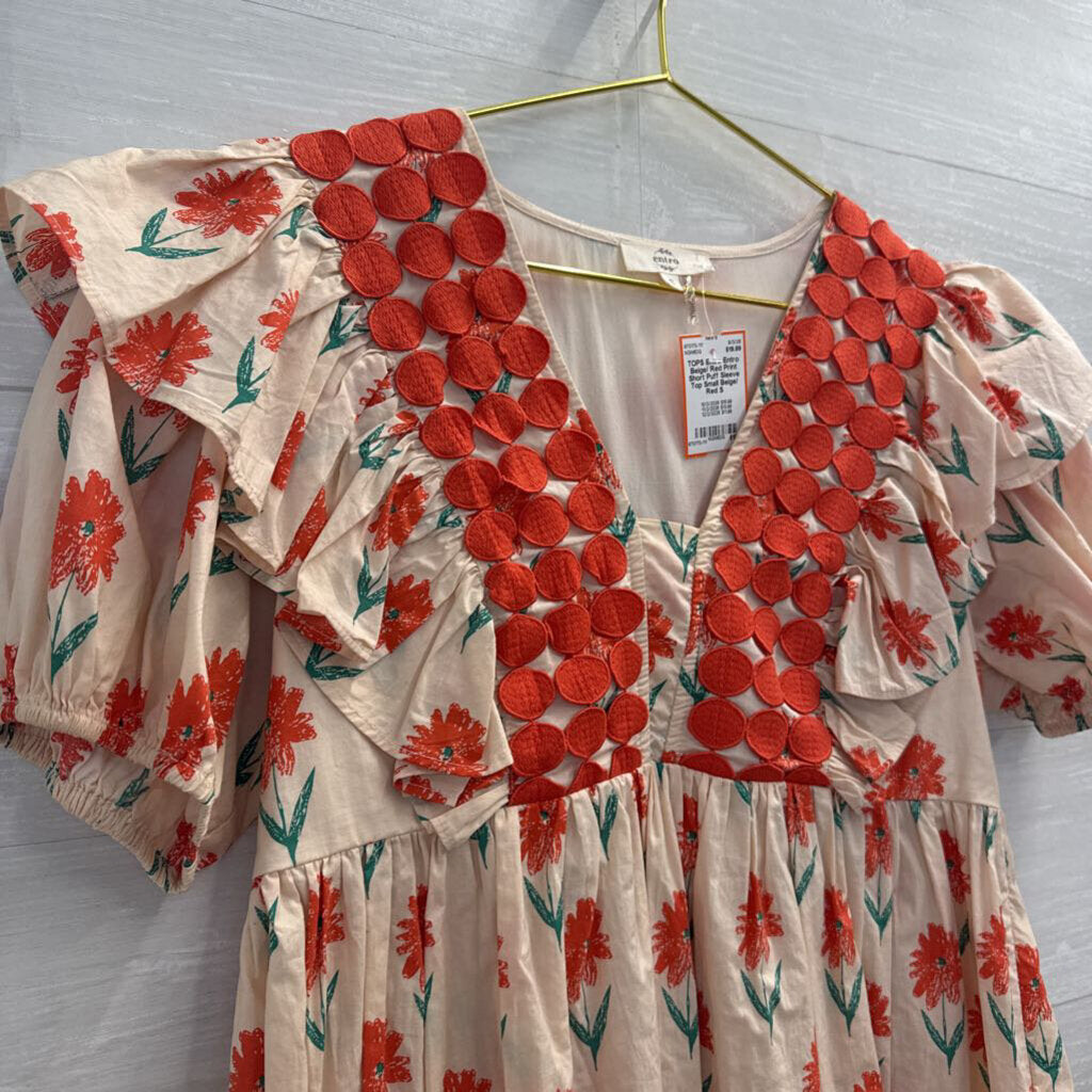 Entro Beige/ Red Print Short Puff Sleeve Top Small