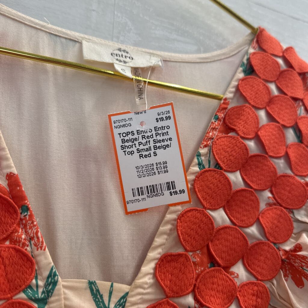 Entro Beige/ Red Print Short Puff Sleeve Top Small
