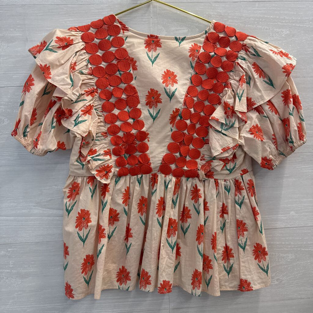 Entro Beige/ Red Print Short Puff Sleeve Top Small
