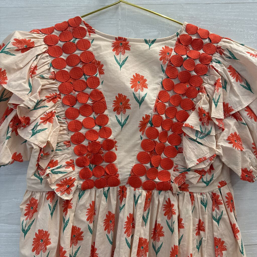 Entro Beige/ Red Print Short Puff Sleeve Top Small