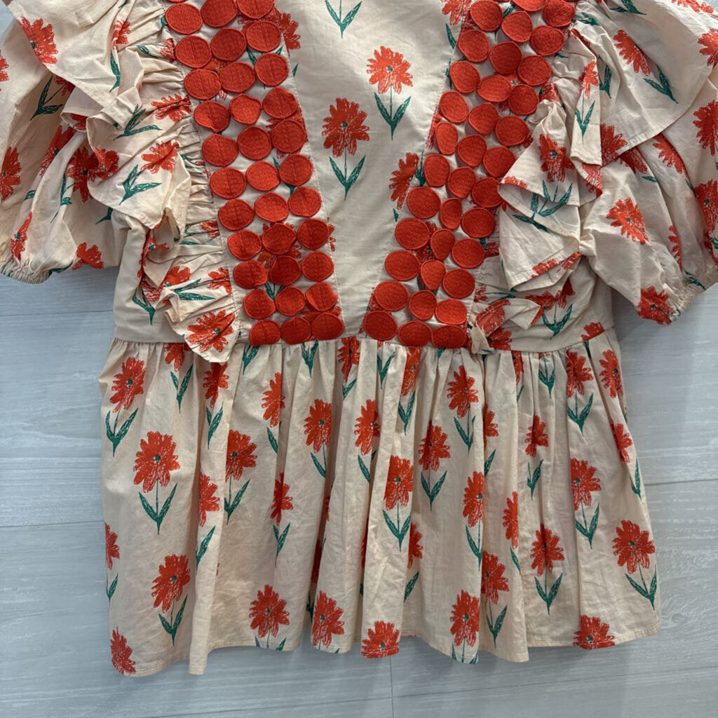Entro Beige/ Red Print Short Puff Sleeve Top Small
