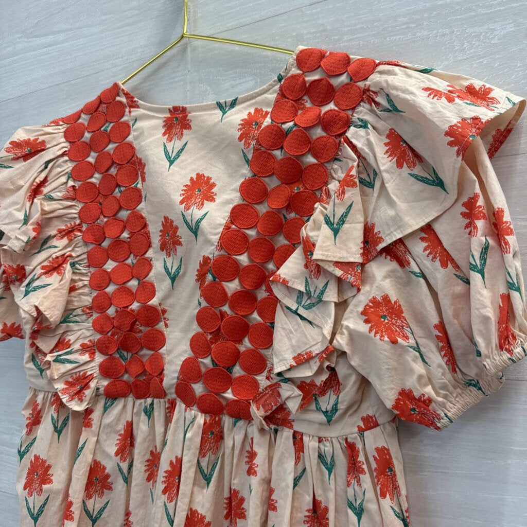 Entro Beige/ Red Print Short Puff Sleeve Top Small