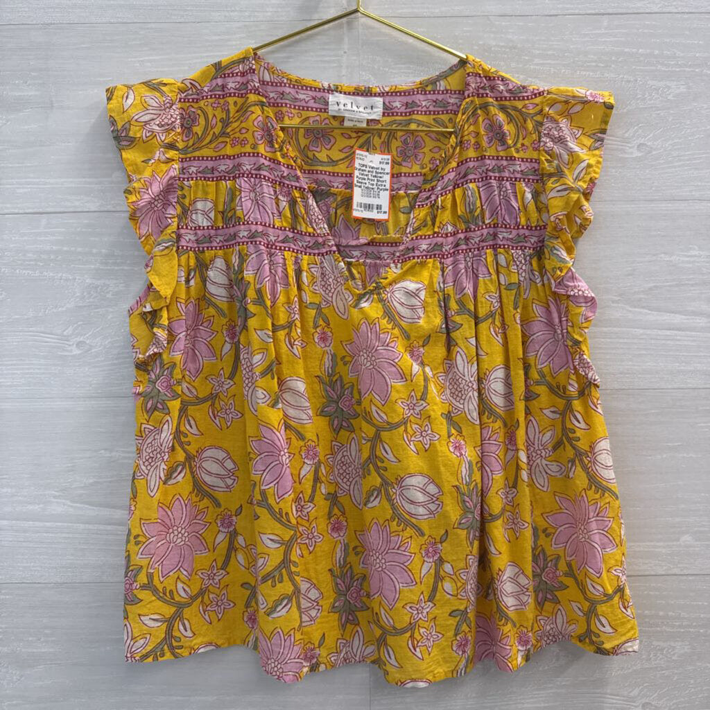 Velvet Yellow/ Purple Print Short Sleeve Top Extra Small
