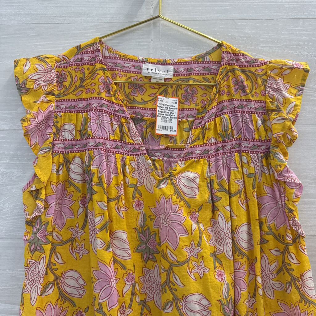 Velvet Yellow/ Purple Print Short Sleeve Top Extra Small