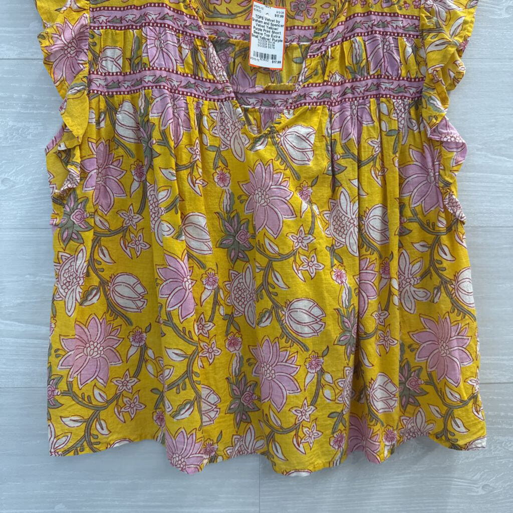 Velvet Yellow/ Purple Print Short Sleeve Top Extra Small