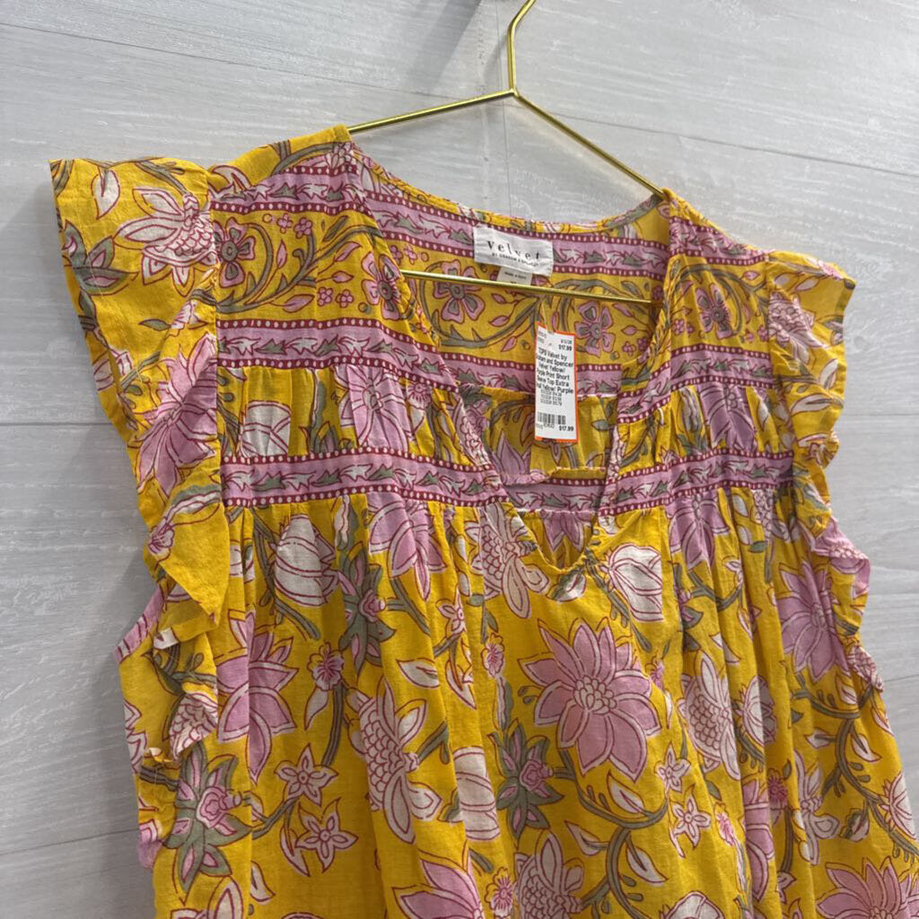 Velvet Yellow/ Purple Print Short Sleeve Top Extra Small