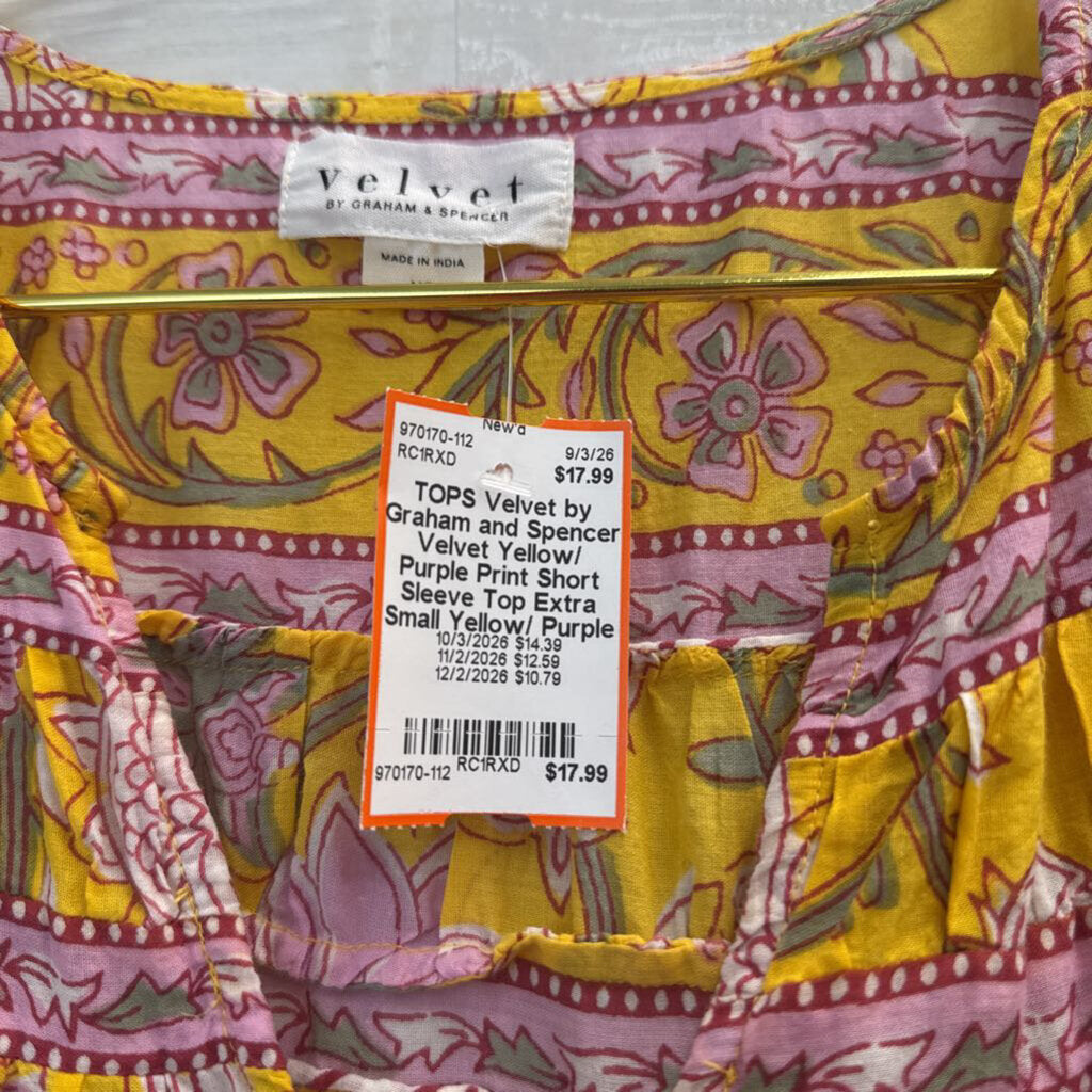 Velvet Yellow/ Purple Print Short Sleeve Top Extra Small