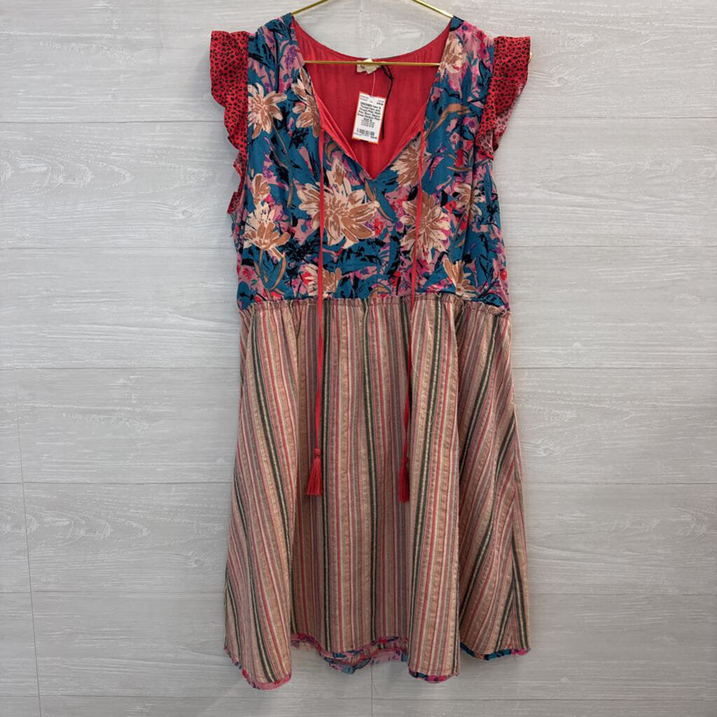 Hem and Thread Pink/ Multi Print Short Sleeve Dress Medium