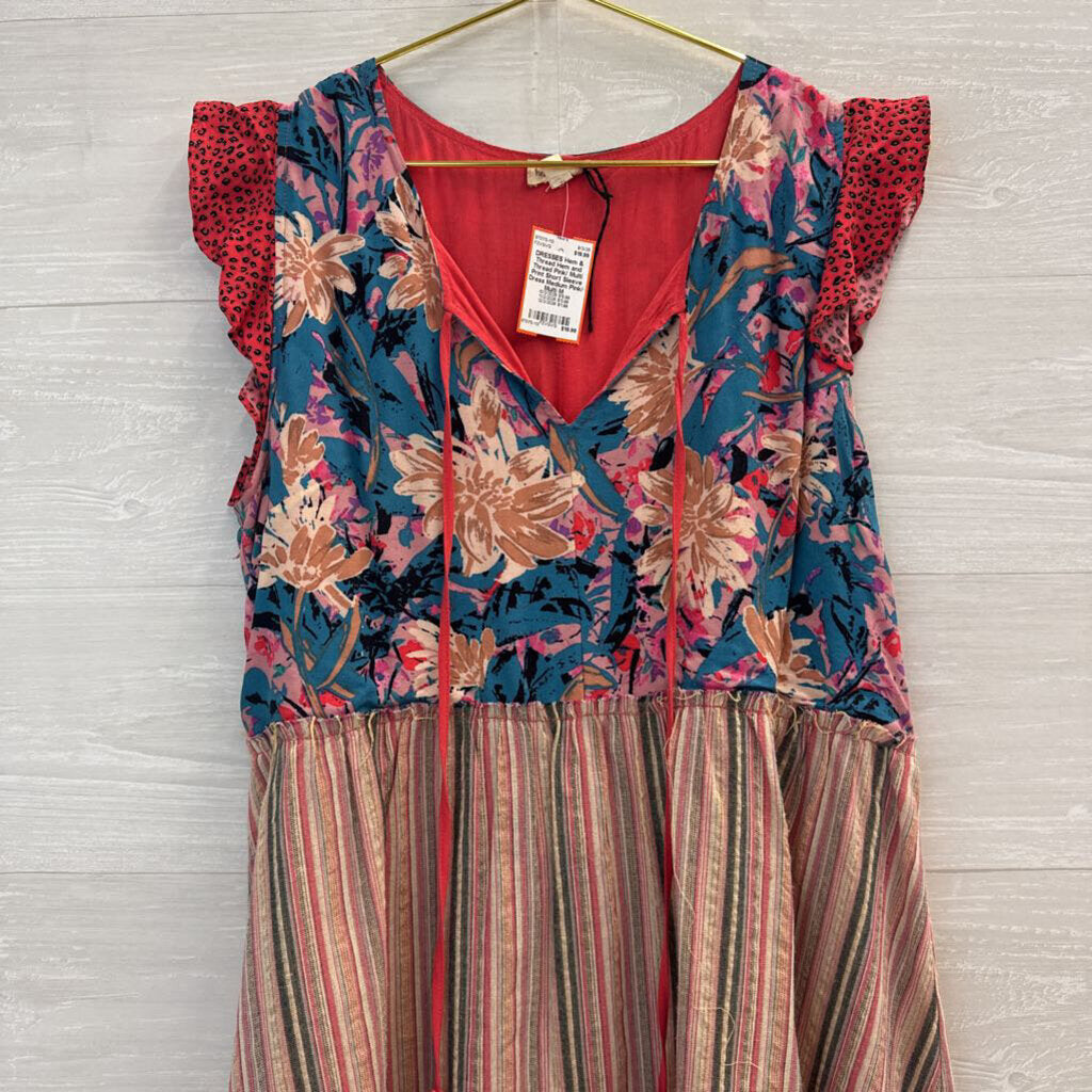 Hem and Thread Pink/ Multi Print Short Sleeve Dress Medium