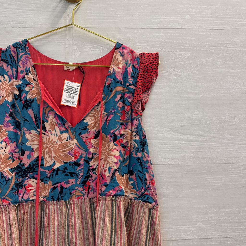 Hem and Thread Pink/ Multi Print Short Sleeve Dress Medium