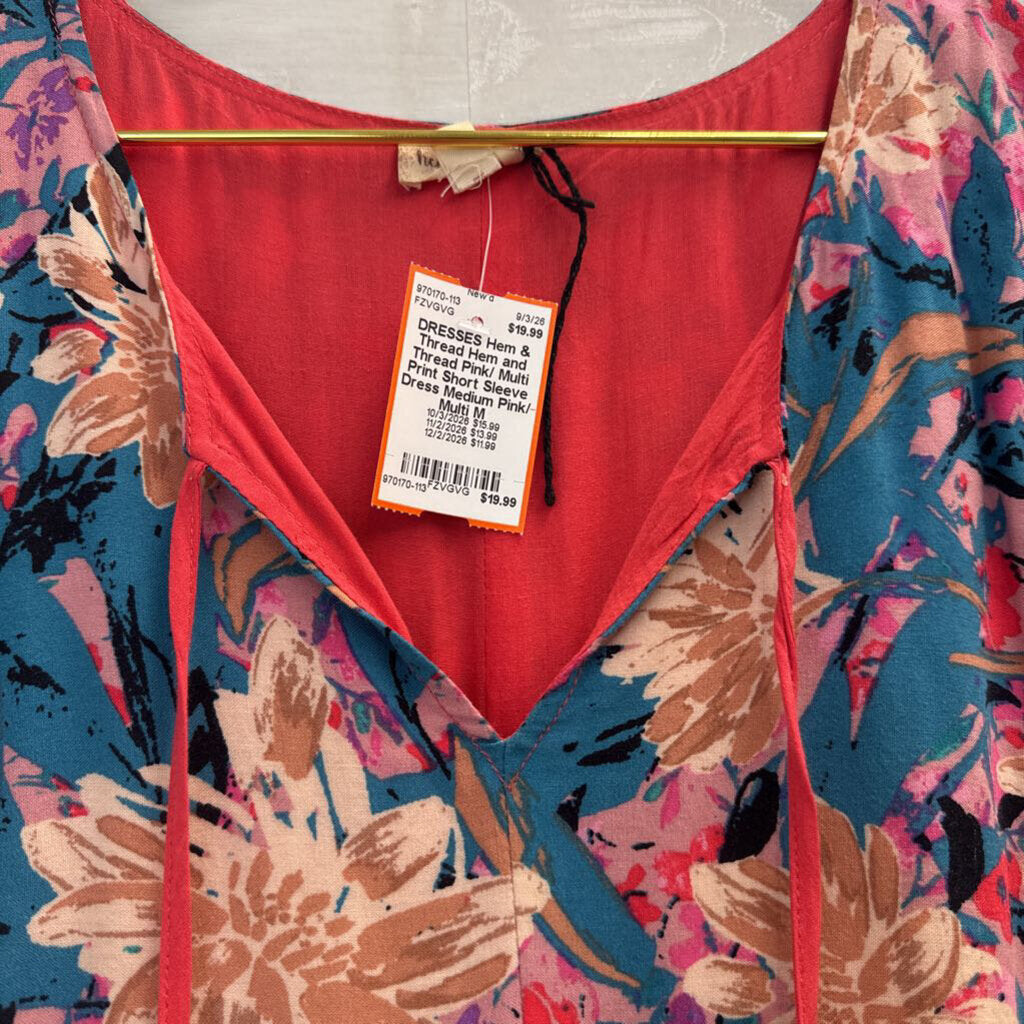 Hem and Thread Pink/ Multi Print Short Sleeve Dress Medium