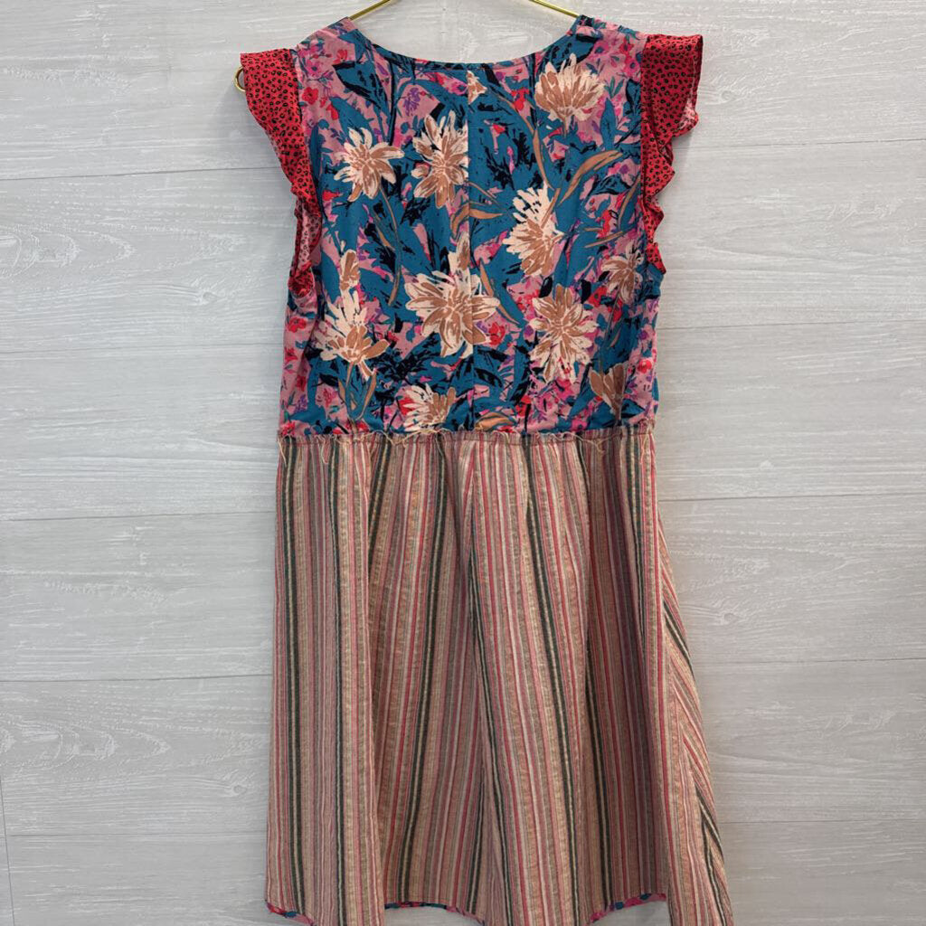 Hem and Thread Pink/ Multi Print Short Sleeve Dress Medium