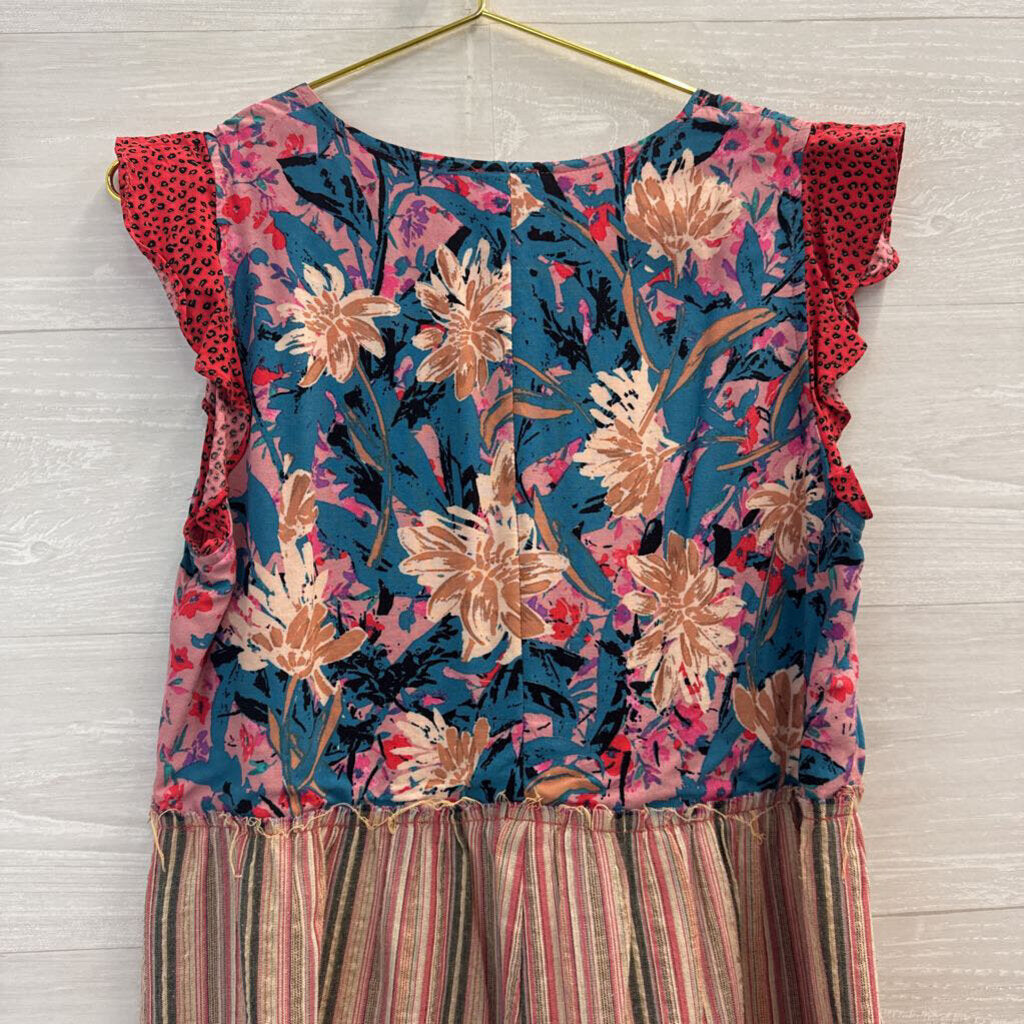 Hem and Thread Pink/ Multi Print Short Sleeve Dress Medium