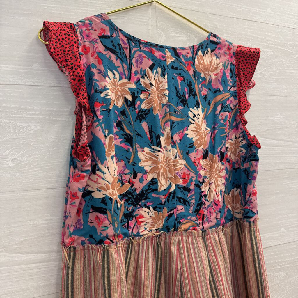Hem and Thread Pink/ Multi Print Short Sleeve Dress Medium
