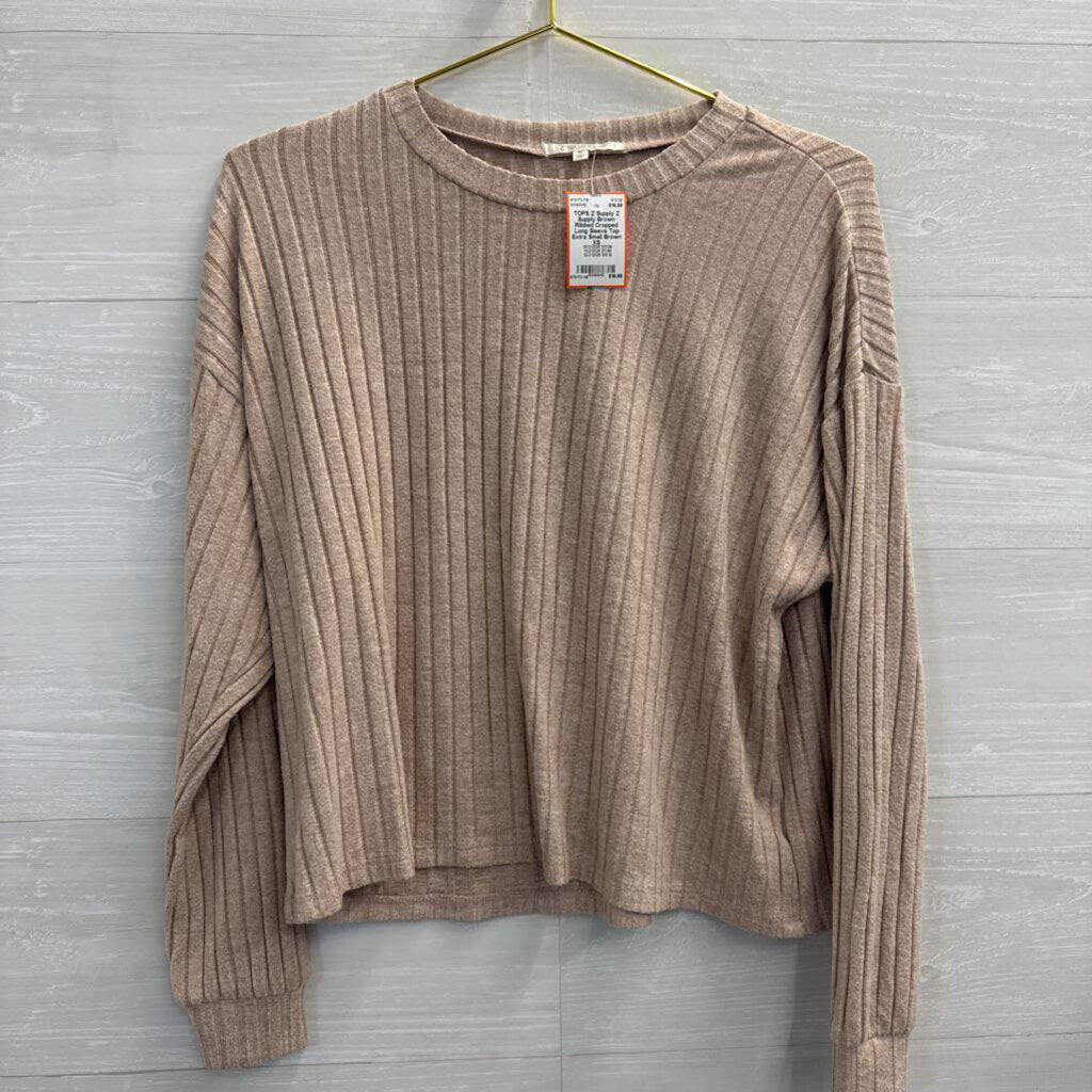 Z Supply Brown Ribbed Cropped Long Sleeve Top Extra Small