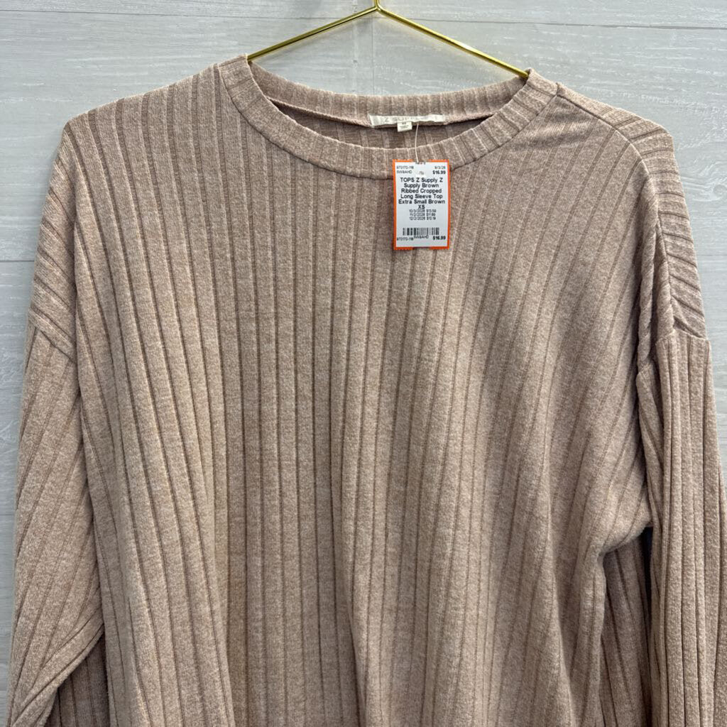 Z Supply Brown Ribbed Cropped Long Sleeve Top Extra Small