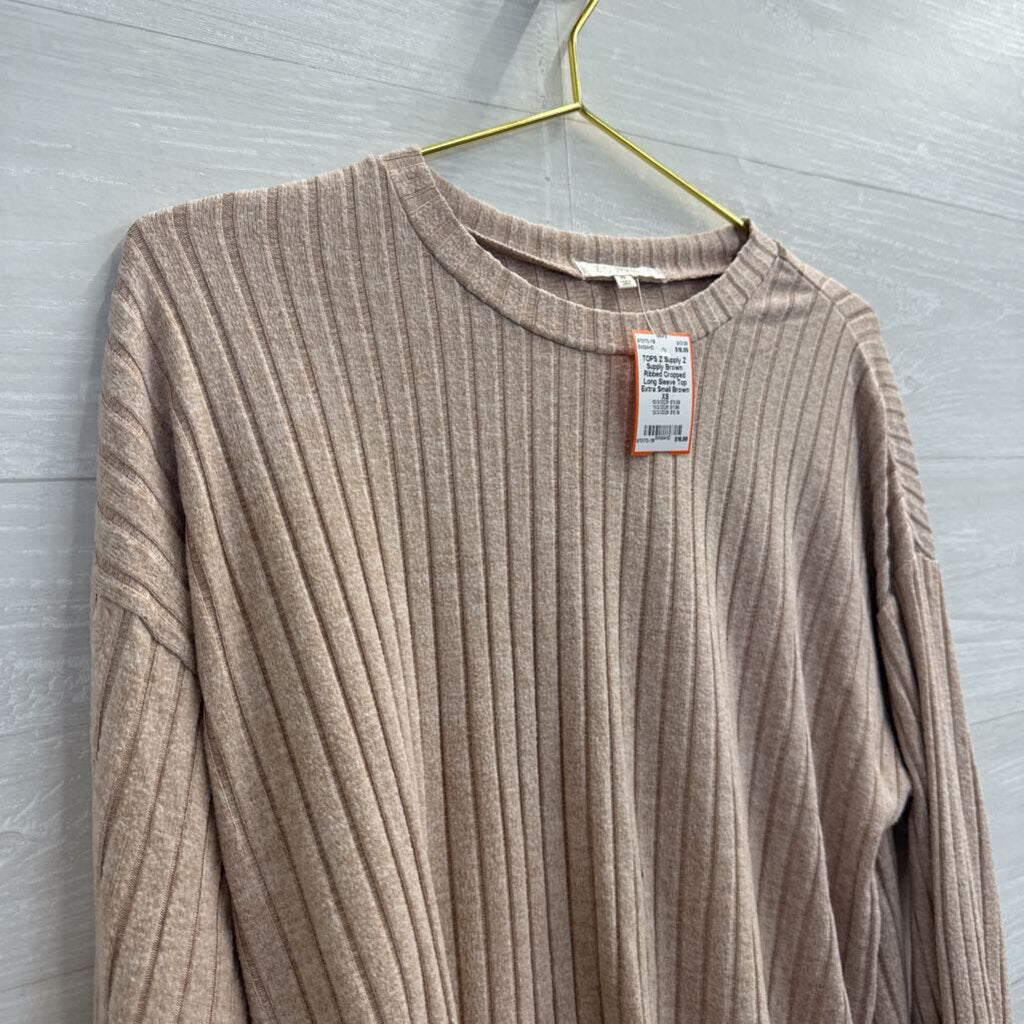 Z Supply Brown Ribbed Cropped Long Sleeve Top Extra Small