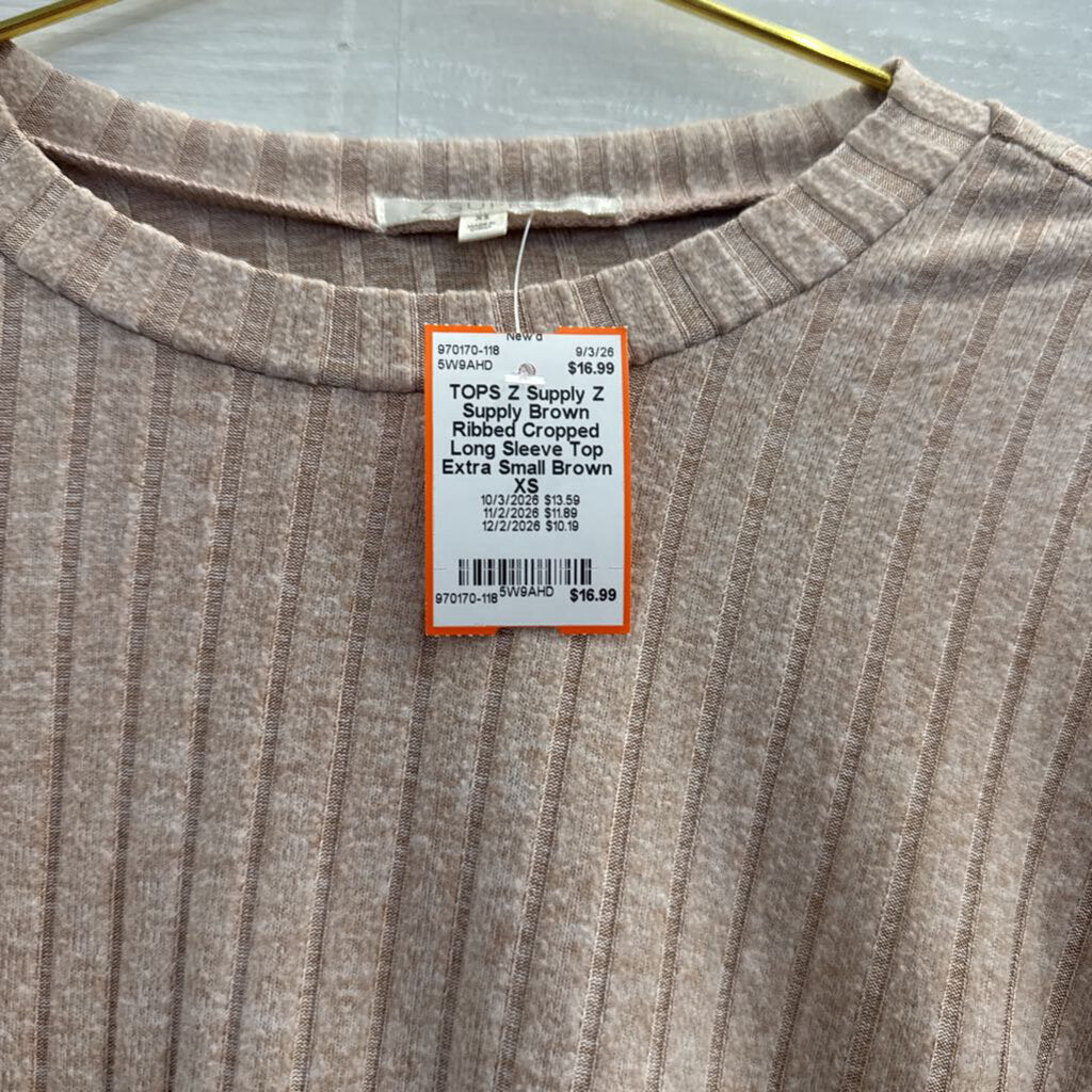 Z Supply Brown Ribbed Cropped Long Sleeve Top Extra Small