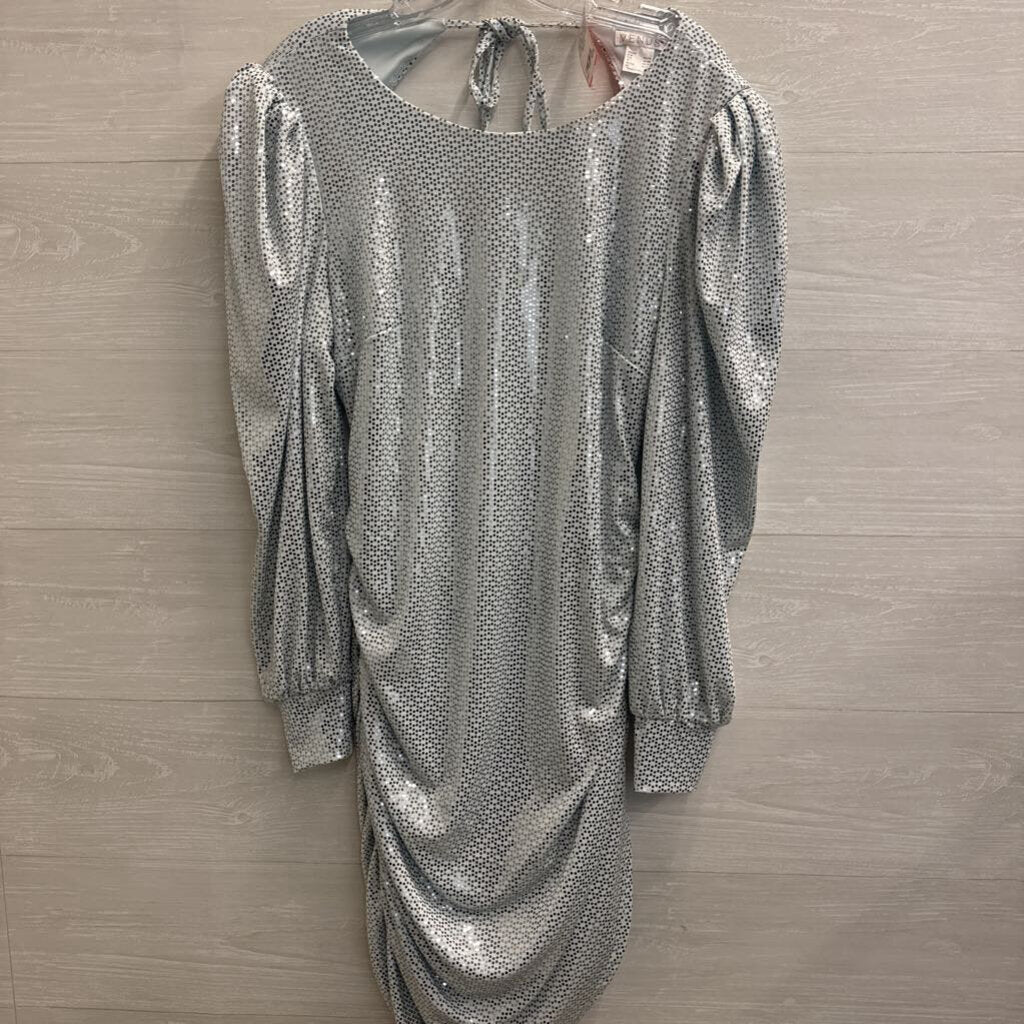 Venus Silver Sparkle Low Back Long Sleeve Short Formal Dress Large