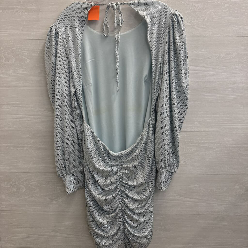 Venus Silver Sparkle Low Back Long Sleeve Short Formal Dress Large