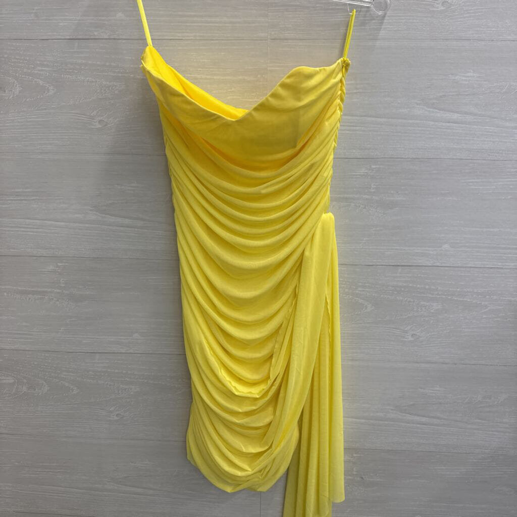 Yellow Ruched Strapless Short Formal Dress Large