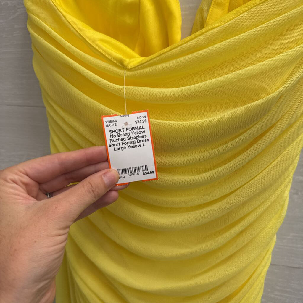 Yellow Ruched Strapless Short Formal Dress Large