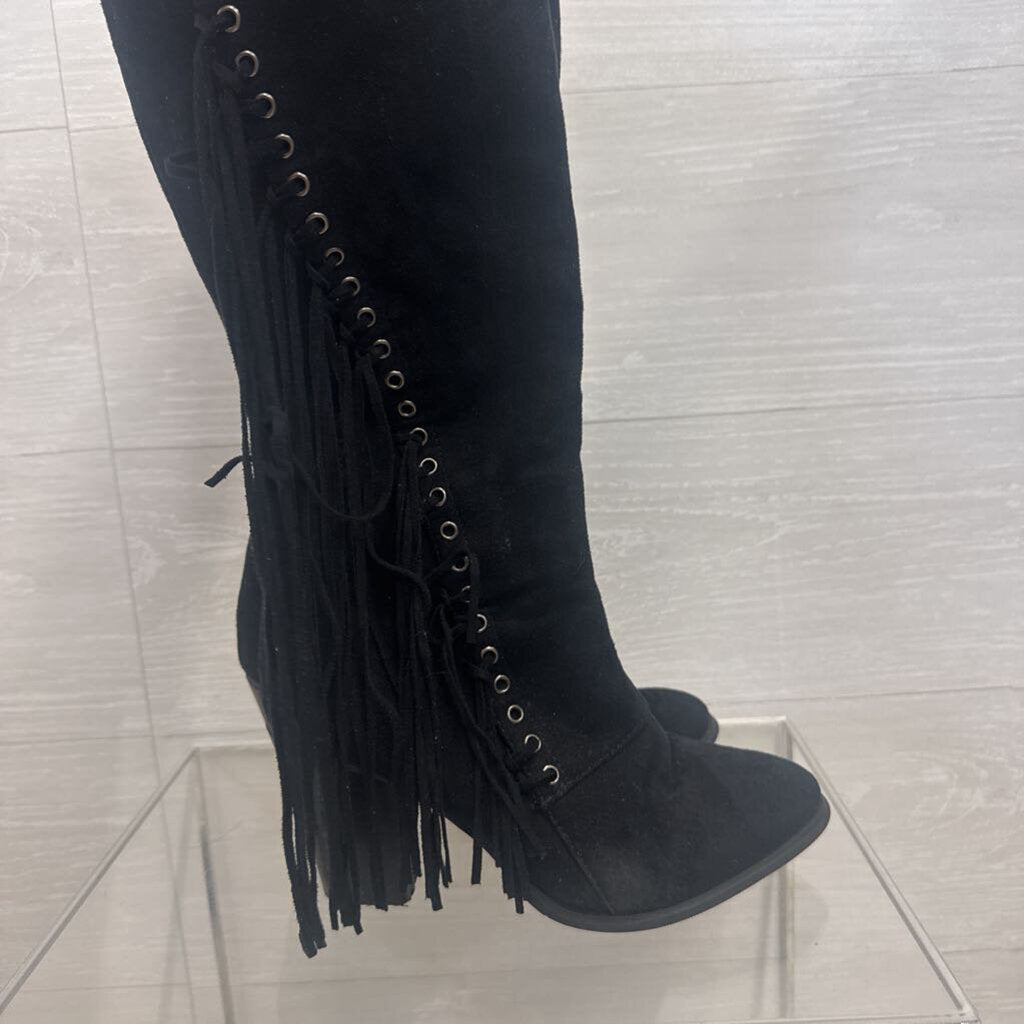 Patrizia Black Suede Fringe Tall Boots 38