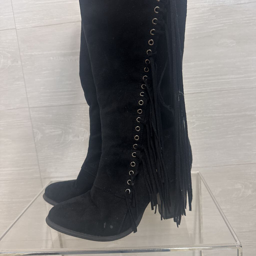 Patrizia Black Suede Fringe Tall Boots 38