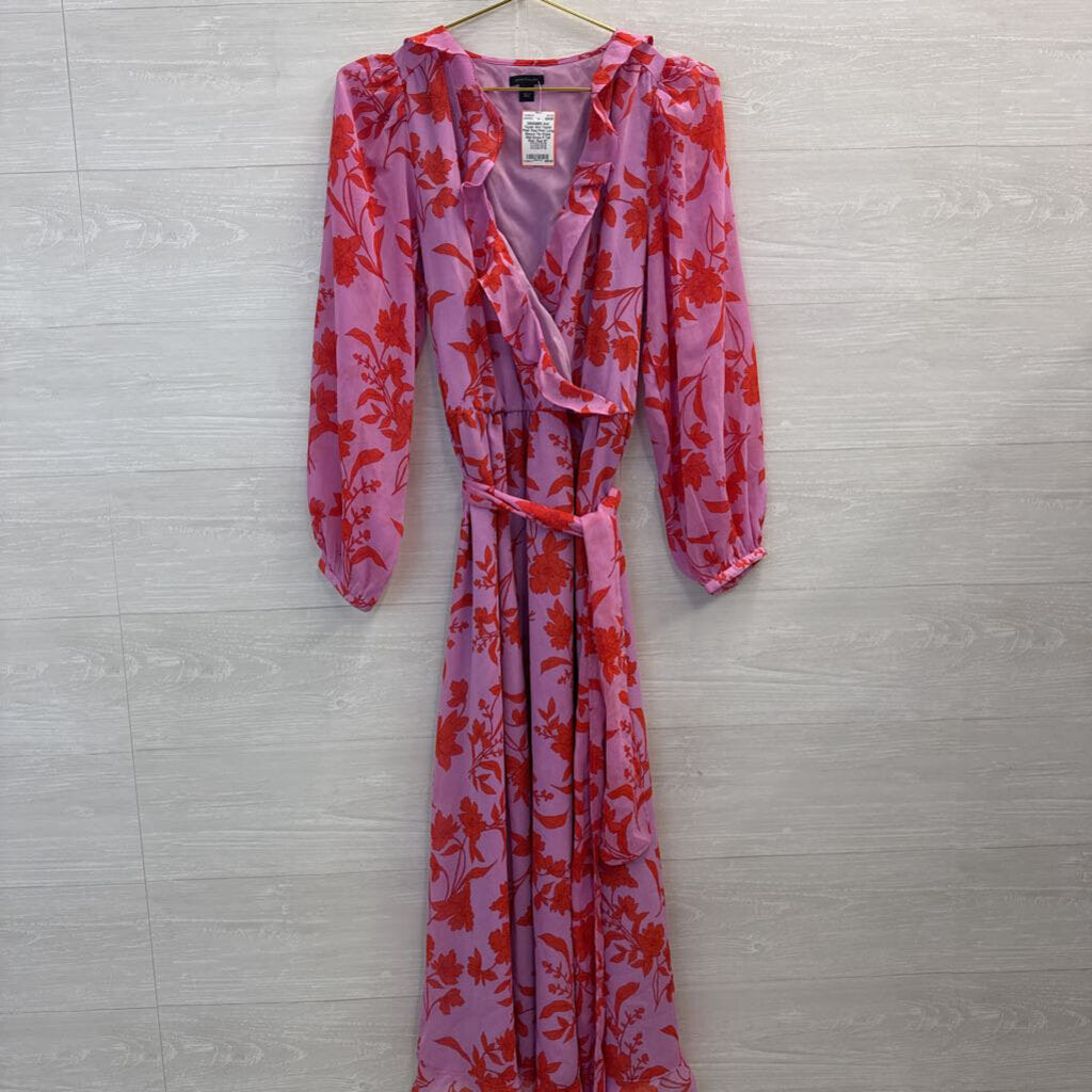 Ann Taylor Pink/ Red Print Long Sleeve Tie Waist Midi Dress 8 Tall