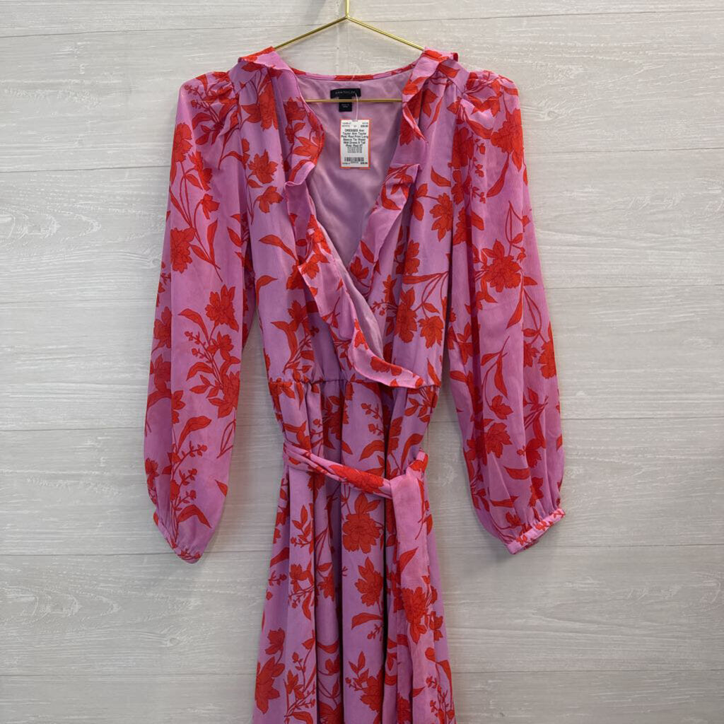 Ann Taylor Pink/ Red Print Long Sleeve Tie Waist Midi Dress 8 Tall